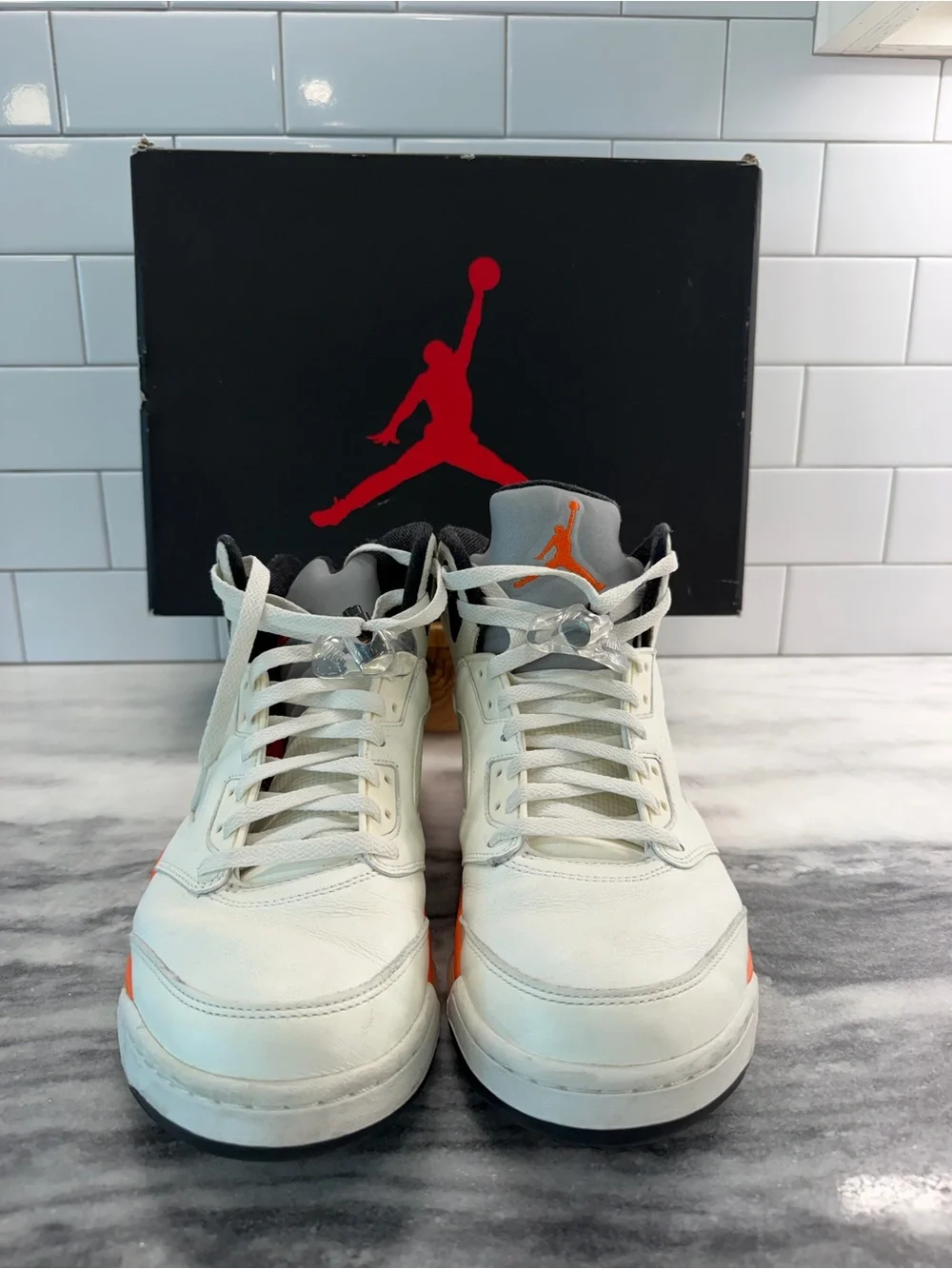 Air Jordan 5 Men’s High-Top Sneakers in White, Orange & Black